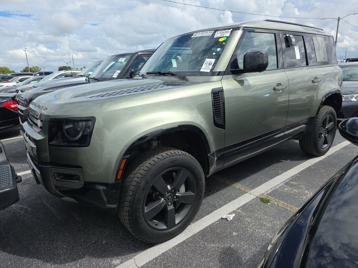 2022 Land Rover Defender 110 X-Dynamic HSE — Front three-quarter view, Pangea Green Metallic